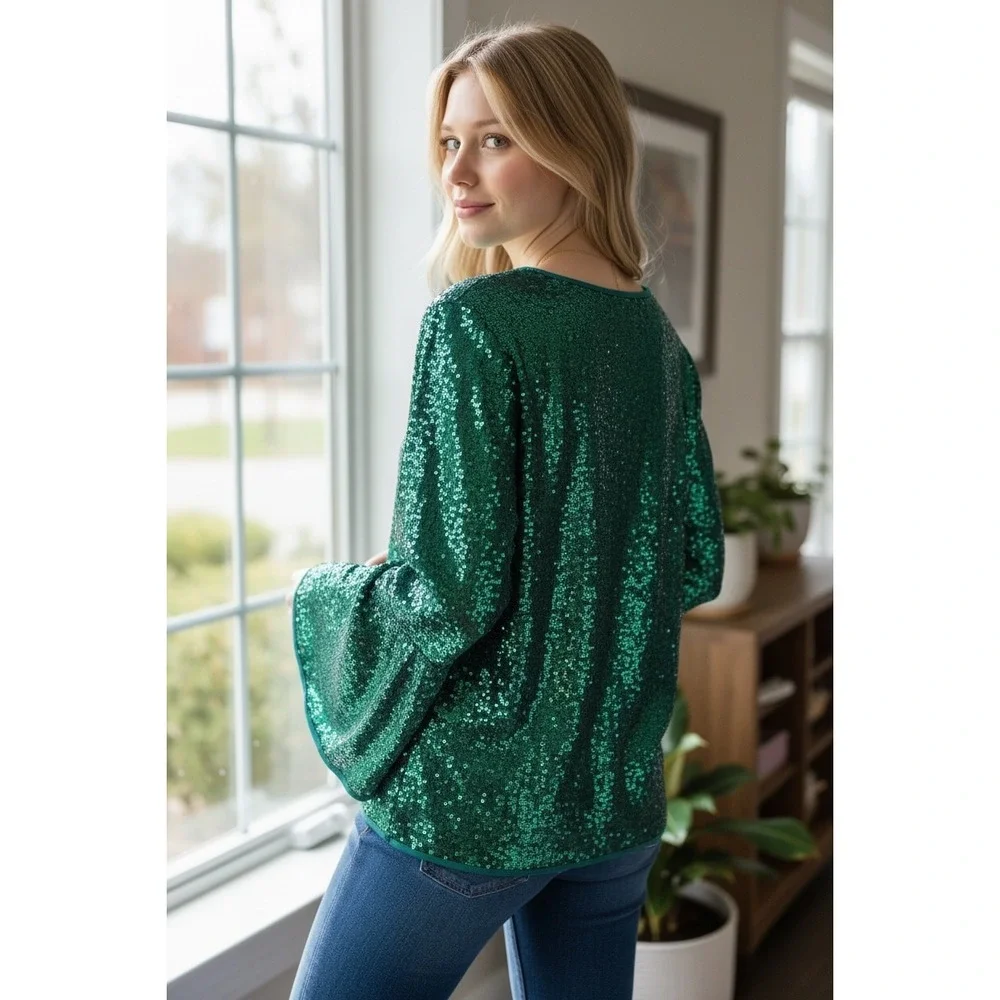 Confetti Ready Luxury Sequin V-Neck Bell Sleeve Disco Top Emerald Green Sm - Picture 2 of 7